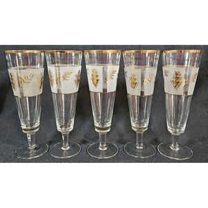 Libbey Frosted Golden Foilage Pilsner Glasses Set Of‎ 5 MCM Barware 8" Vintage
